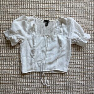 Aqua White Tie Puff Sleeve Blouse